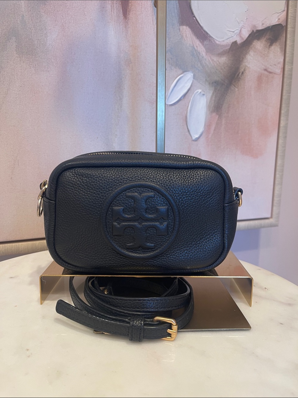 Tory Burch Black Pebbled Leather Camera Crossbody